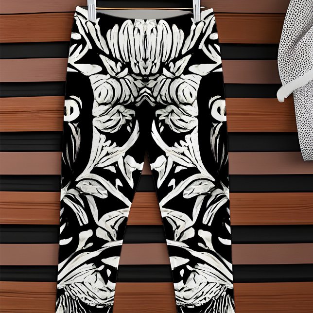 Leggings Resúmenes blanco y negro Vinos de flores botánicas (Black and white elegant boho botanical floral leggings)