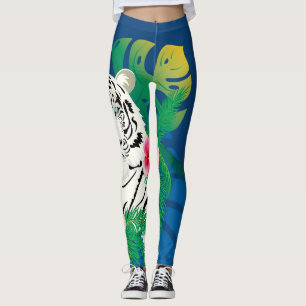 Leggings Retrato de tigre blanco con hojas tropicales