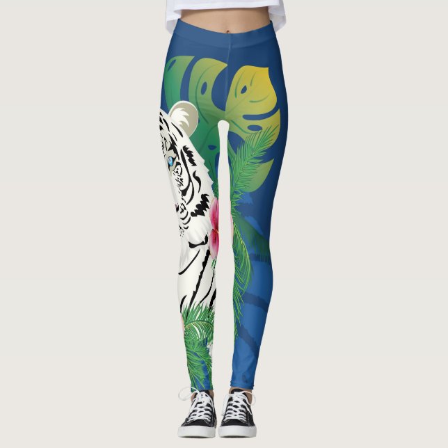 Leggings Retrato de tigre blanco con hojas tropicales (Anverso)