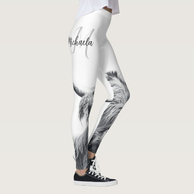 Leggings Retrato de vaca Highland monograma inicial blanco  (Derecha)