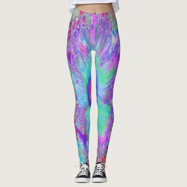 Leggings Retro Arcoíris Psicodélico Flor de Hibisco Azul (Anverso)