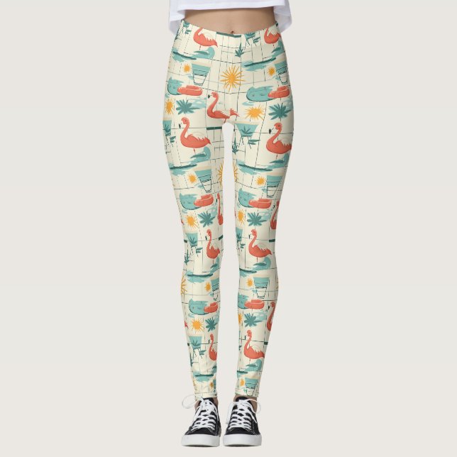 Leggings Retro Flamingo Piscina Patrón de Verano (3) (Anverso)