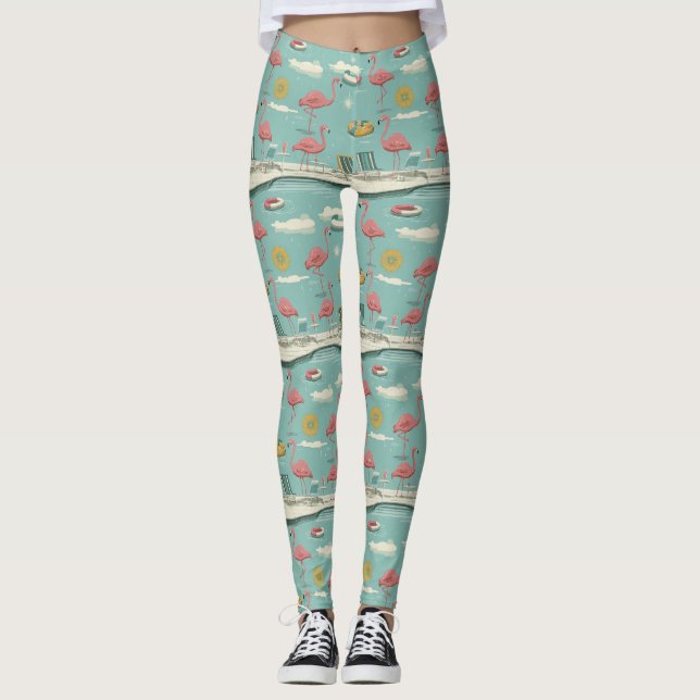 Leggings Retro Flamingo Piscina Patrón de Verano (5) (Anverso)