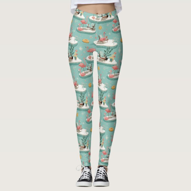 Leggings Retro Flamingo Piscina Patrón de Verano (6) (Anverso)