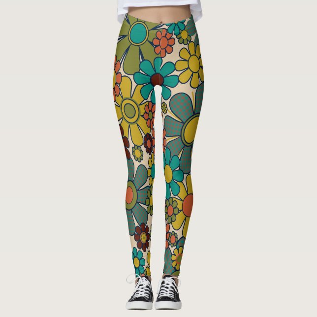 Leggings Retro Garden Gingham Flores Patrón Floral de los a (Anverso)