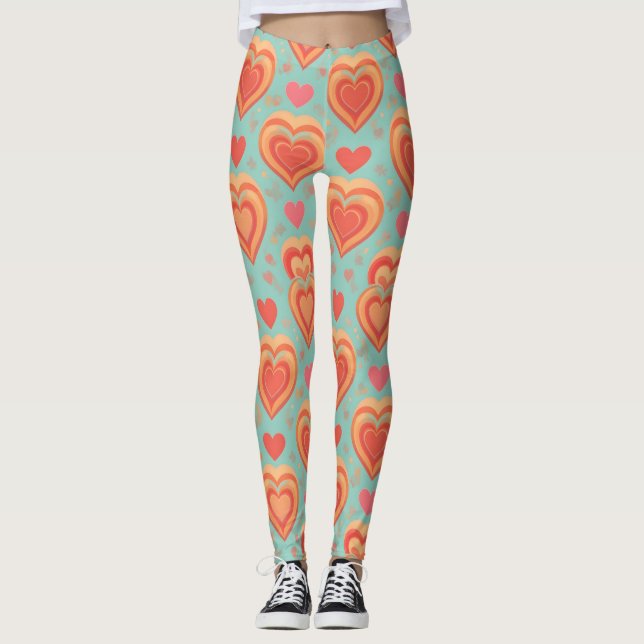 Leggings  Retro Groovy Hearts 70s Valentine Love Coral Mint (Anverso)