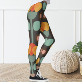 Leggings Retro Groovy Naranja Geométrico Leyendas Florales