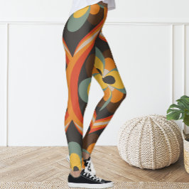 Leggings Retro Groovy Naranja Geométrico Leyendas Florales