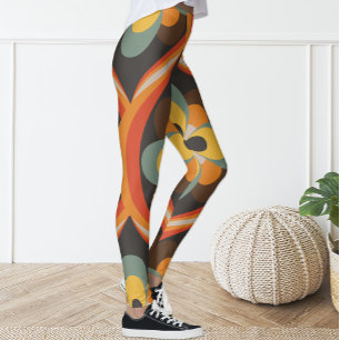 Leggings Retro Groovy Naranja Geométrico Leyendas Florales