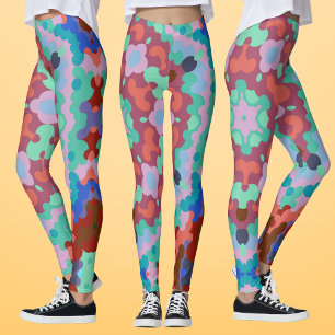 Leggings Retro Mandala Flor Azul Rojo y Verde azulado