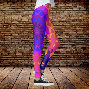 Leggings Retro Mandala Flor Azul rosa y Naranja