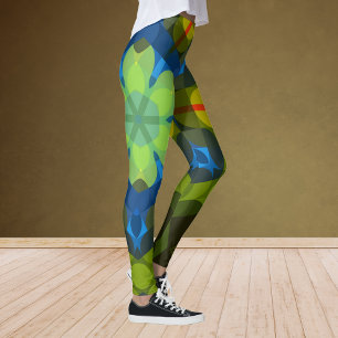 Leggings Retro Mandala Flor Azul verde y Naranja