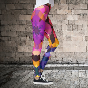 Leggings Retro Mandala Flor morado rosa y amarillo