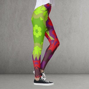 Leggings Retro Mandala Flor Verde Rojo y Púrpura