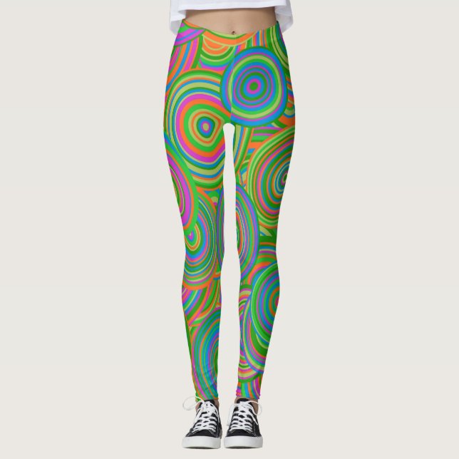 Leggings Retro mod círculos abstractos, verde y rojo Naranj (Anverso)