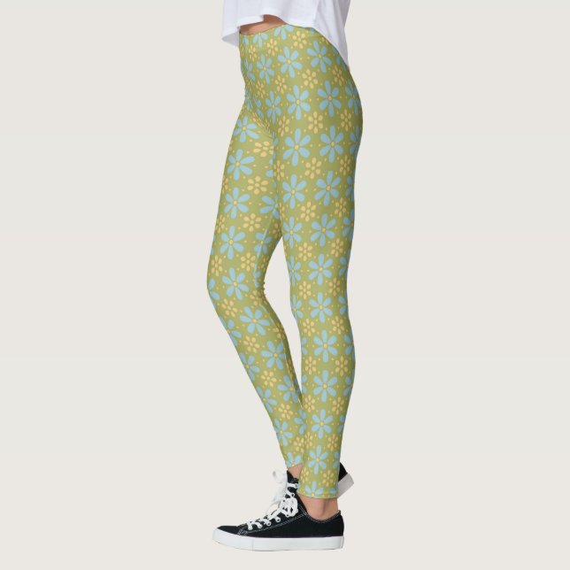 Leggings Retro Resumen de flores azules y amarillas en verd (Izquierda)