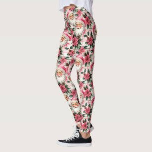 Leggings Retro Rosa Santa Claus Navidades Floral Plaid