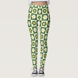 Leggings Retro Verde Salvia y Cuadro de Damas de Margarita 