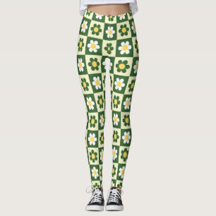 Leggings Retro Verde Salvia y Cuadro de Damas de Margarita