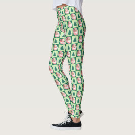 Leggings Retro Verde Santa Claus Placa de árbol de Navidad