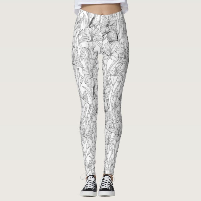 Leggings Robins y flores de lilo, negro y blanco (Anverso)