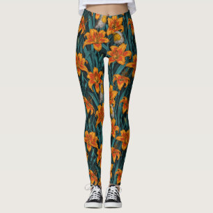 Leggings Robins y flores de lirio, naranja y azul