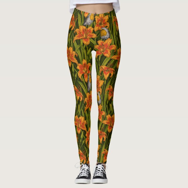 Leggings Robins y flores de lirio, naranja y verde oscuro (Anverso)