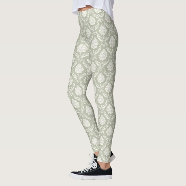 Leggings Rococo Damask Rpt Patrón Crema sobre Verde (Izquierda)