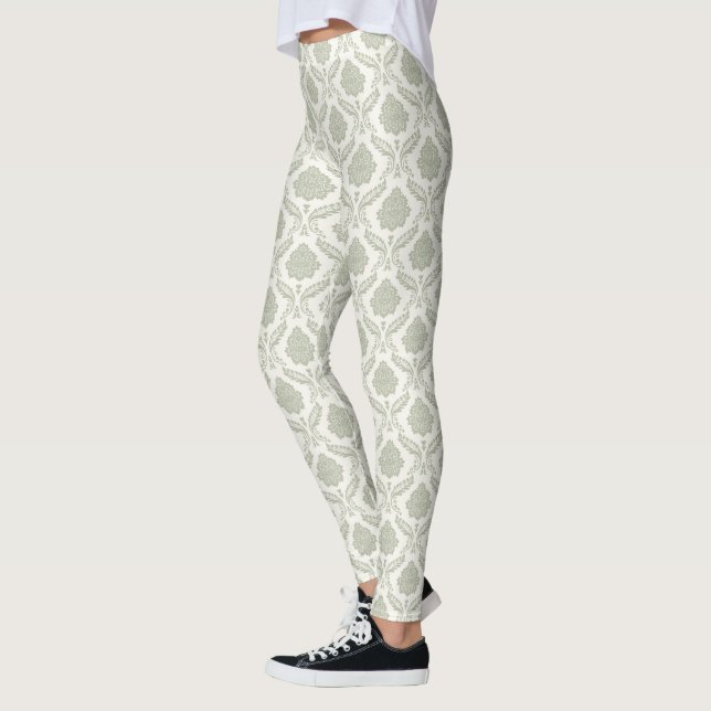 Leggings Rococo Damask Rpt Patrón Verde sobre Crema (Izquierda)