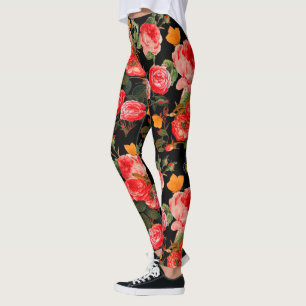 Leggings ROJAS ROSAS Y MARIPOSAS AMARILLAS Floral Negro