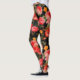 Leggings ROJAS ROSAS Y MARIPOSAS AMARILLAS Floral Negro