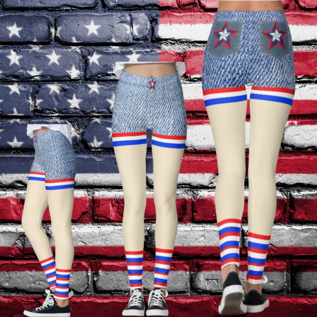 Leggings Rojo, blanco, azul Denim Patriótico se parece a pa (Red, White, Blue Stars & Stripes Denim Short Look alike Leggings. Tons of Fun to Wear!)