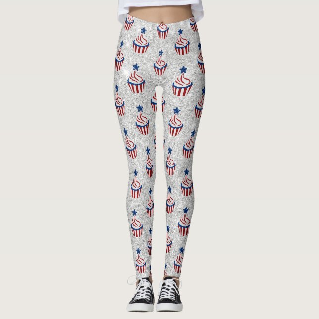 Leggings Rojo, Blanco, Azul Julio 4 Purpurina de tarta (Anverso)