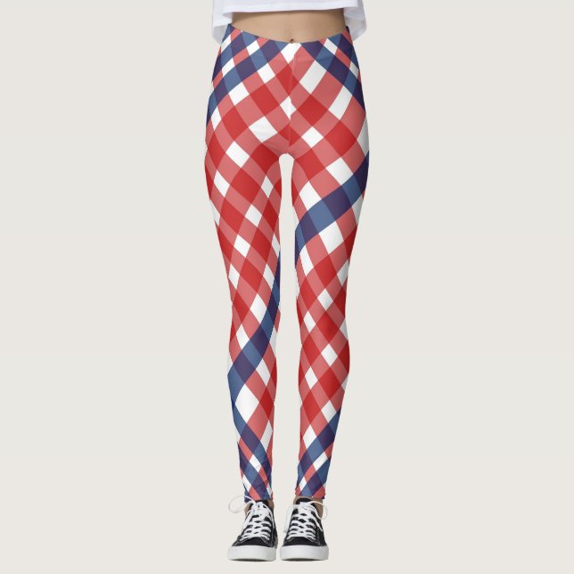 Leggings Rojo blanco y azul Gingham Plaid (Anverso)