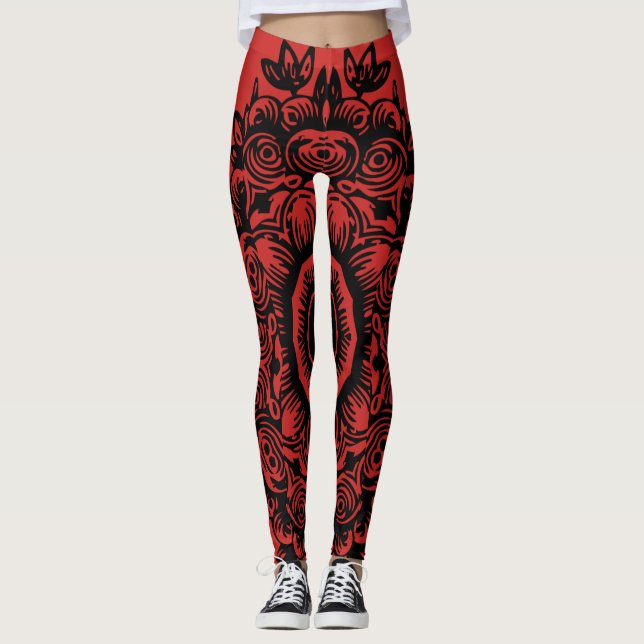 Leggings Rojo con atleta de patrón de Damasco negro (Anverso)