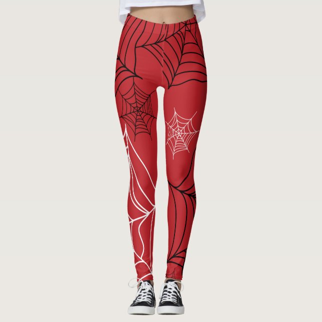 Leggings Rojo con telarañas negras y blancas de Halloween (Anverso)