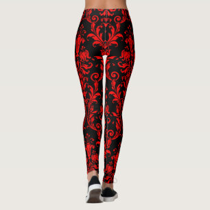 Leggings Rojo De Lava En Bañeras Florales Negras Damasco