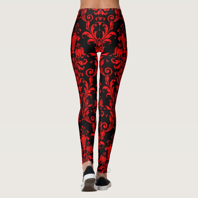 Leggings Rojo De Lava Sobre Bañera Floral Negra Damask (Reverso)