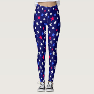 Leggings Rojo Intenso, Azul Patriótico y Estrellas Blancas
