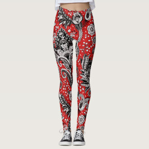 Leggings Rojo Negro y Blanco Floral Paisley Boho Bohemio