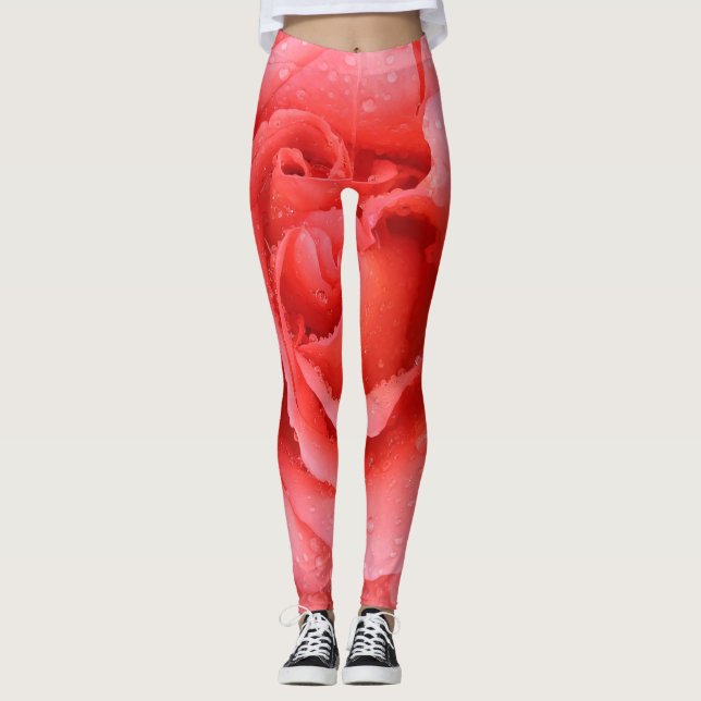 Leggings Rojo Romántico Rosa Gotitas de Agua de Rosa (Anverso)