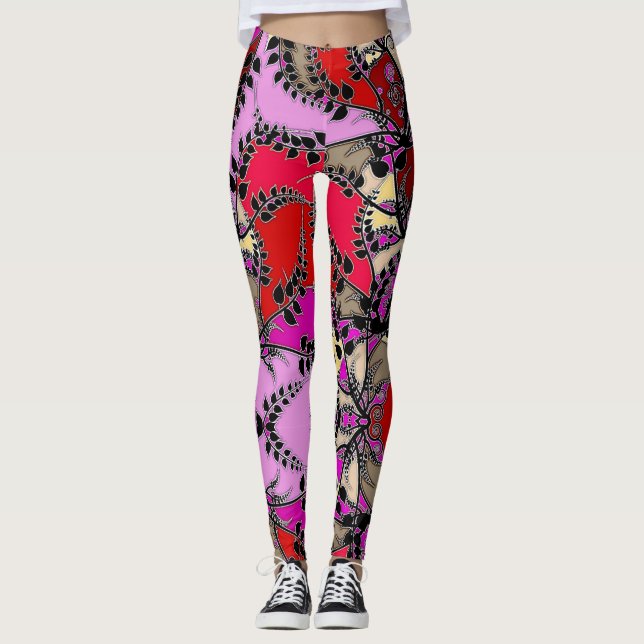 Leggings Rojo Rosa Amarillo Hojas Negras Abstracto (Anverso)