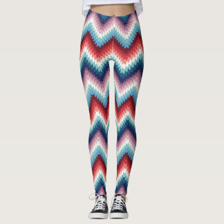 Leggings Rojo Rústico y Azul Patrón de Onda en Zigzag Tejid