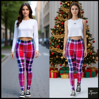 Leggings Rojo Vibrante Rosa Aqua Plaid Moderno