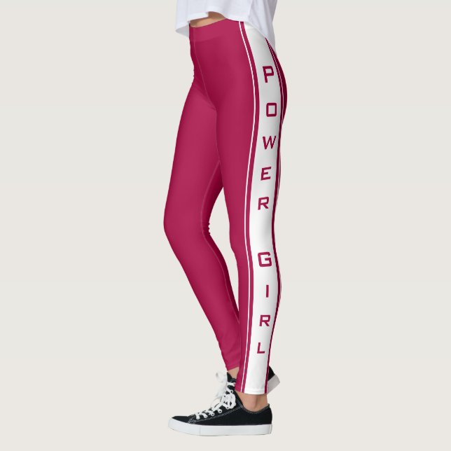 Leggings rojos con franja lateral blanca y texto (Izquierda)