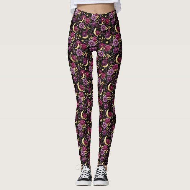 Leggings Romance Oscuro Luna Celestial Morado Dorado (Anverso)