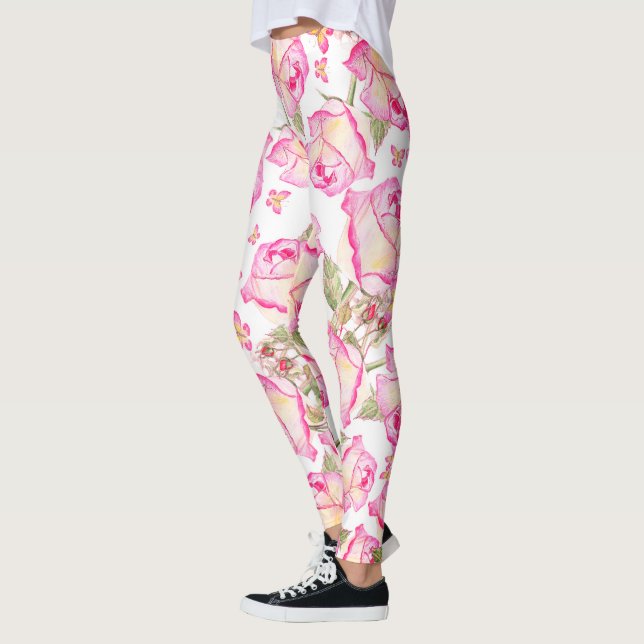 Leggings Romántico blanco rosa amarillo floral de rosa de v (Izquierda)