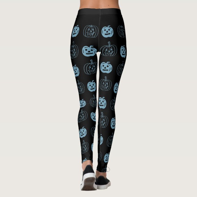 Leggings Ropa de patrón de calabaza azul negro de Halloween (Reverso)
