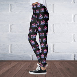 Leggings Rosa azul de flores de Lotus sobre negro