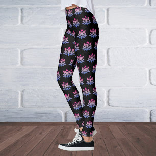 Leggings Rosa azul de flores de Lotus sobre negro
